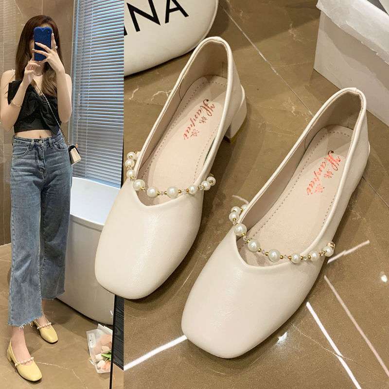 Mary Jane Shoes Women's 2025 Summer New Shallow Mouth Square Head Thick Heel Single Shoes French Temperament Pearl Soft Sole Small Leather Shoes