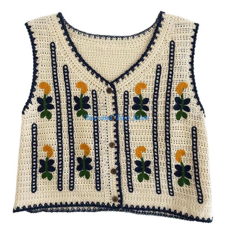 HX6F Women Ethnic Crochet Knitted Flower Sweater Vest Button Sleeveless Crop Cardigan