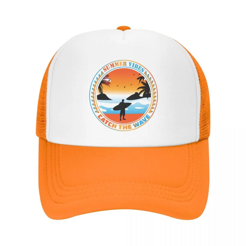 Custom Summer Vibes Catch The Wave Trucker Hat for Unisex Women Adjustable Adult Surfing Surfer Baseball Cap Summer Dad Hat