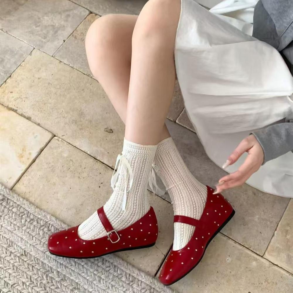 Damen Schuhe mit innerer Erhöhung, eckiger Zehenbereich, Mund-Einzelschuh mit weicher Lederschnalle, Mary Jane Schuhe, Ballerinas Damen