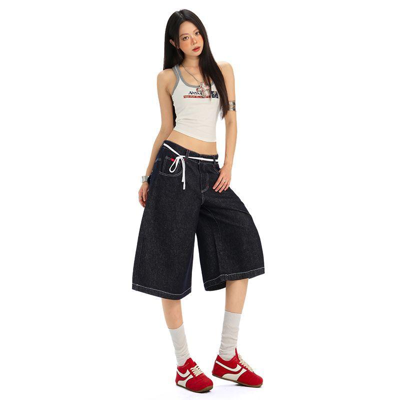 Trendy Dark Blue High Waist Loose Wide Leg Straight Cropped Capri Denim Pants For Women Versatile Slimming FigureFlattering Casual Capri Trousers