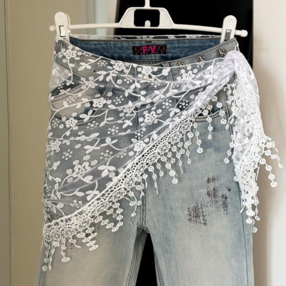 Hollowed-out Tassel Hip Curtain Lace Trim Triangular Headscarf New Apron Wrap Skirt  for Women