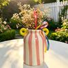 Ceramic Striped Flower Vase with Dual Handles, Hand Painted Small Decorative Vase for Flower, Pampas Grass, Wide Mouth Bud Vase for Living Room