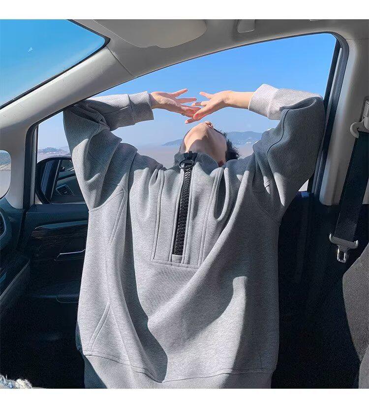 Herren Dekonstruierter Halbreißverschluss Schwerer Hoodie - Herbst/Winter Trend, Lockerer Nischen-Design Freizeitpullover