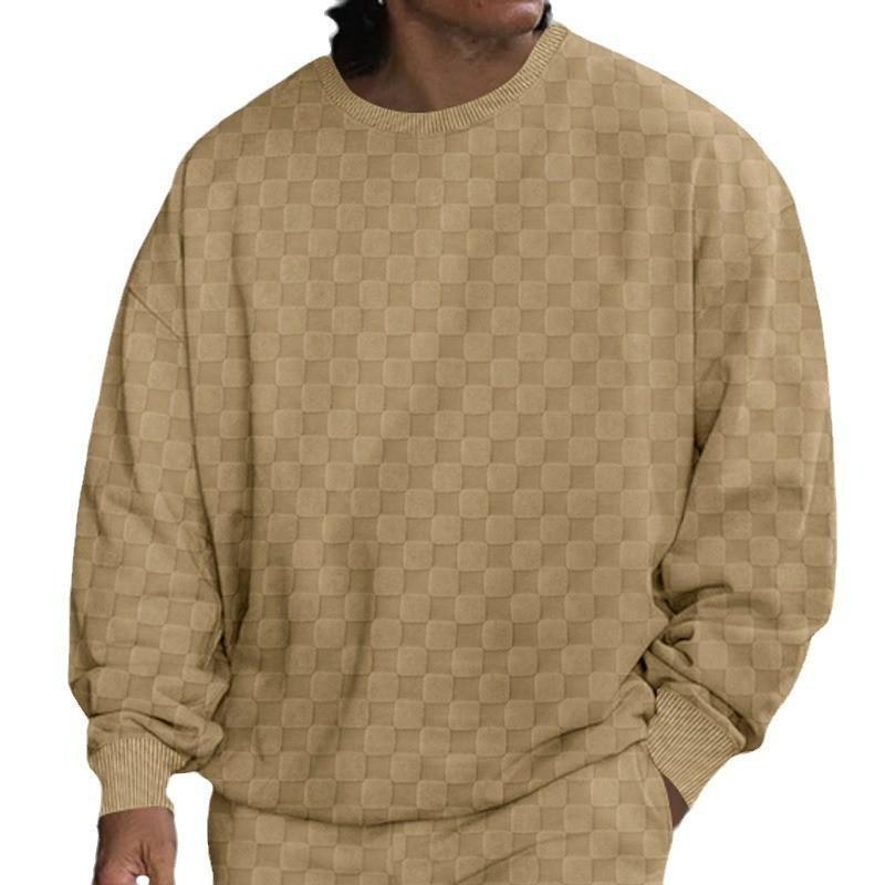 Men's Round Neck Jacquard Chessboard Base Layer Top Casual Long Sleeve Sweatshirts