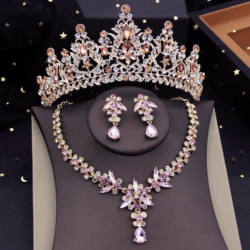 Luxury Green Crown Bridal Jewelry Sets for Women Tiaras Necklace Earring Set Wedding Choker Bride Evening Jewelry Set Fashion