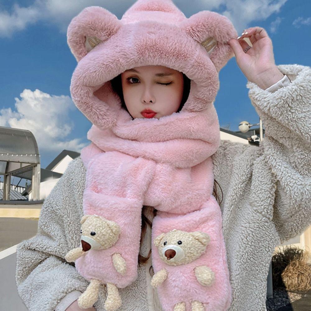 Cute Bear Ear Women Beanies Cap Thickened Plush Integrated Cap Scarf Hot Hat Outdoor