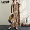 QICED Simple Fashion V-neck Long Dress Cotton Silk Print Summer Fat Plus Short-sleeved Crew-neck Dress