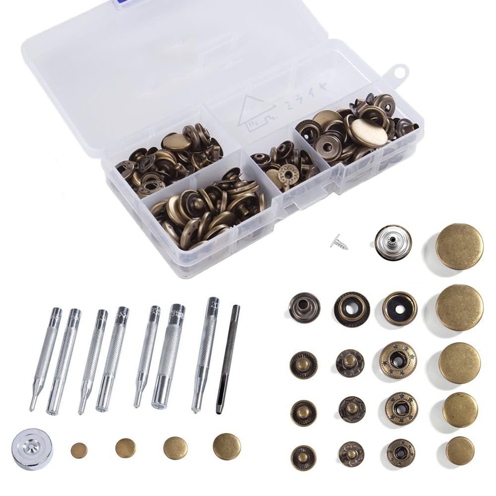 Miraiya Кожаное ремесло Застежка-кнопка 60 пар для джемпера, джинсов, ручной работы с футляром для хранения, 9 наборов пар, (5 типов), Крепежные изделия, Крючки, Пуговицы,