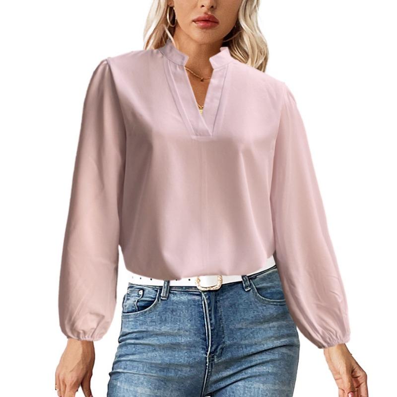 

Женские модные повседневные однотонные блузки и рубашки с v-образным вырезом и длинным рукавом с принтом XXL розовый