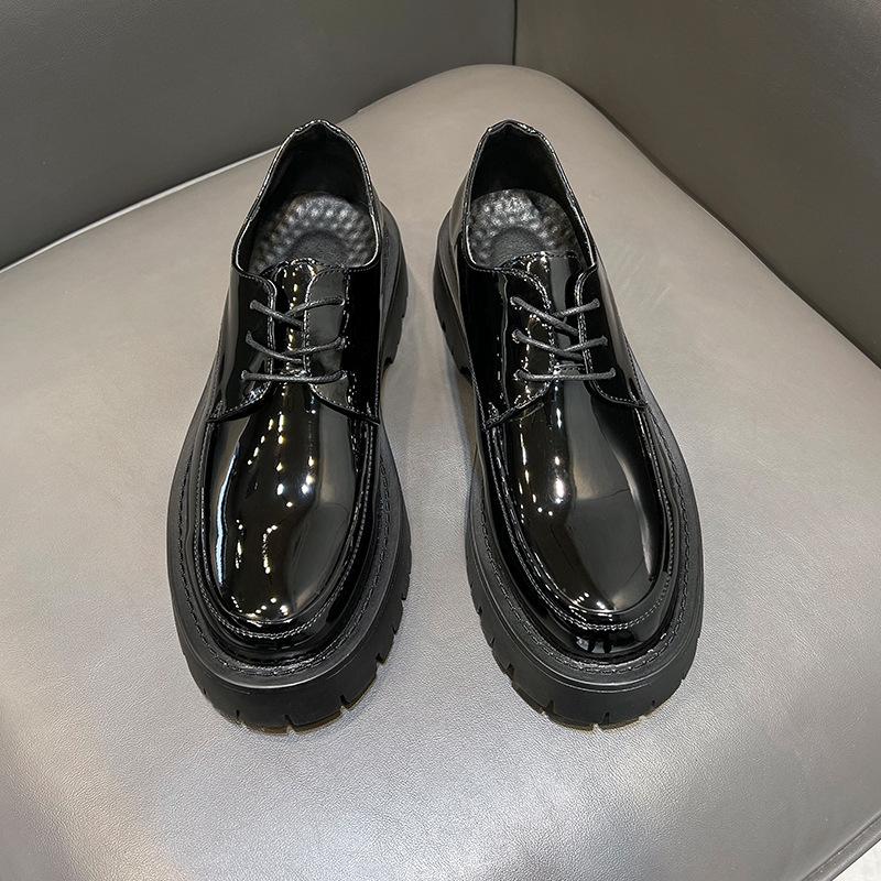 Casual British style versatile height increase round head business dress black thick bottom Korean version men's leather shoes