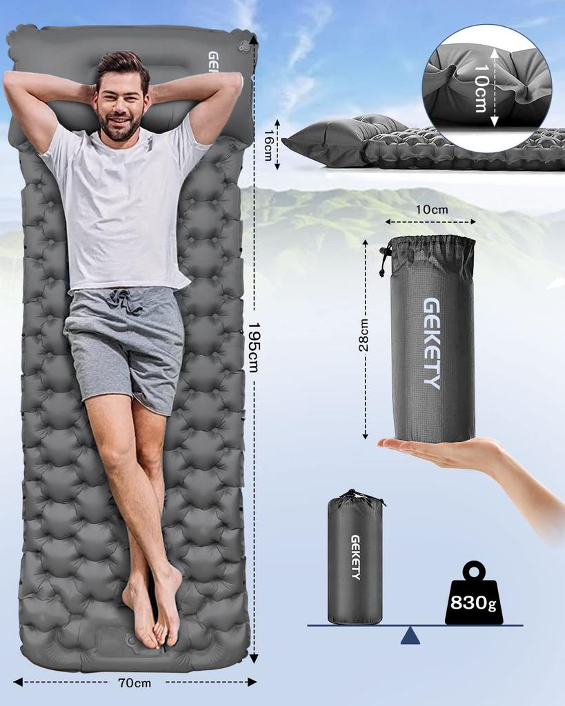 GEKETY Camping Mat, Compact, Foot-operated, Interlocking [Approx. 10CM Thickness] Air Mat, Foot-operated, Infinitely Connectable, Includes Pillow,