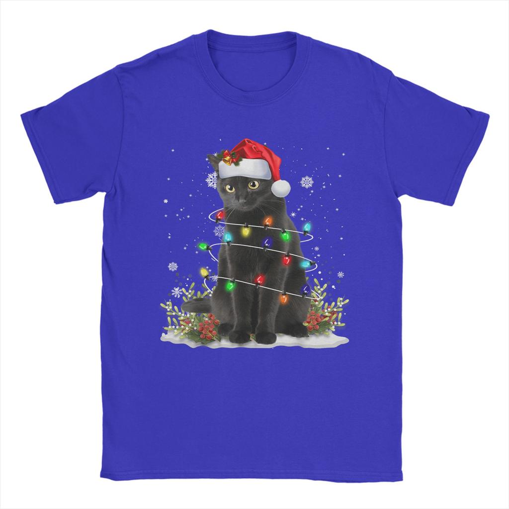 Men's Black Cat Christmas Santa Hat Funny Meowy Cats T-Shirts Clothing Beach Short-Sleeve T-Shirt O Neck Harajuku Tee Shirt