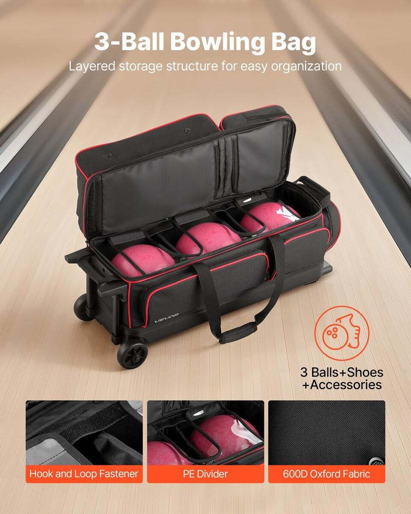 3 Ball Bowling Bag with Wheels Double Roller Bowling Bag Shoe Compartment
