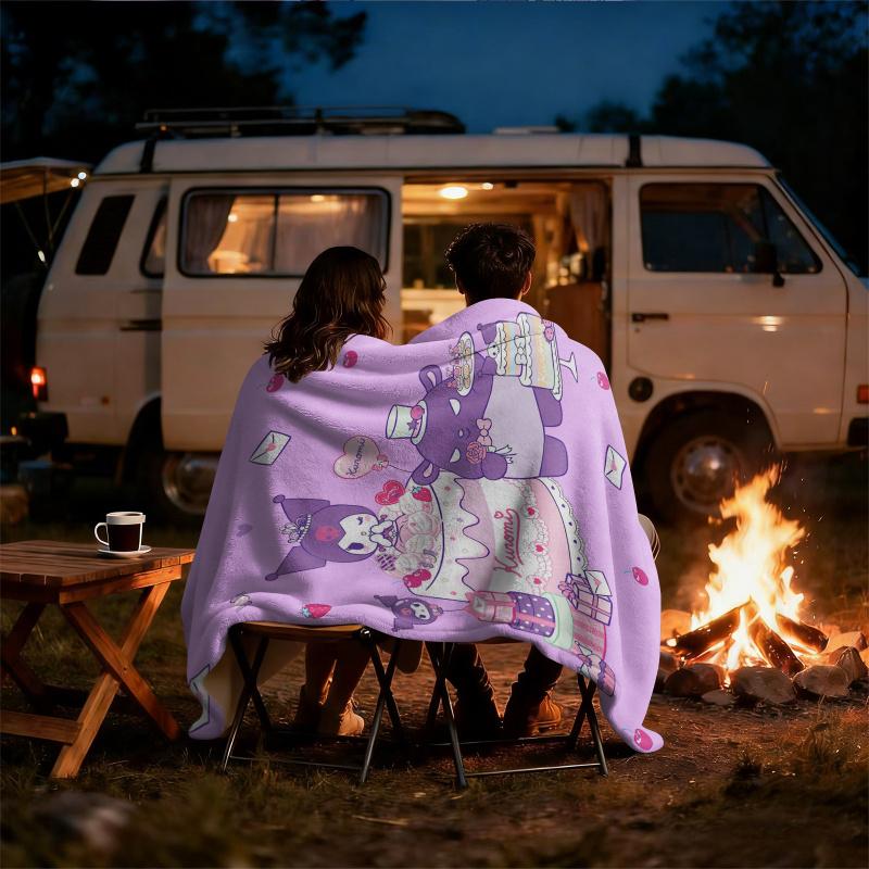 Sweet & Cool Cute Kuromi Flannel Blanket Japanese Anime Soft Warm Throw Blanket Camping Office Bedroom School Nap Blanket