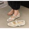 Women's Lace Embroidered Ballet Flats Square Toe Bow Tie Strap Breathable Casual Shoes
