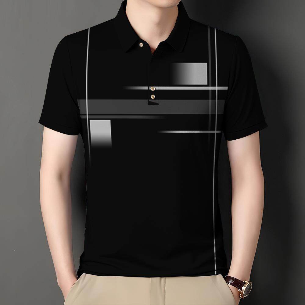 

Kemeja Polo Lelaki Bercetak Garisan Atasan Lengan Pendek Perniagaan Kasual 2024 Pakaian Polo Longgar Baharu 5XL