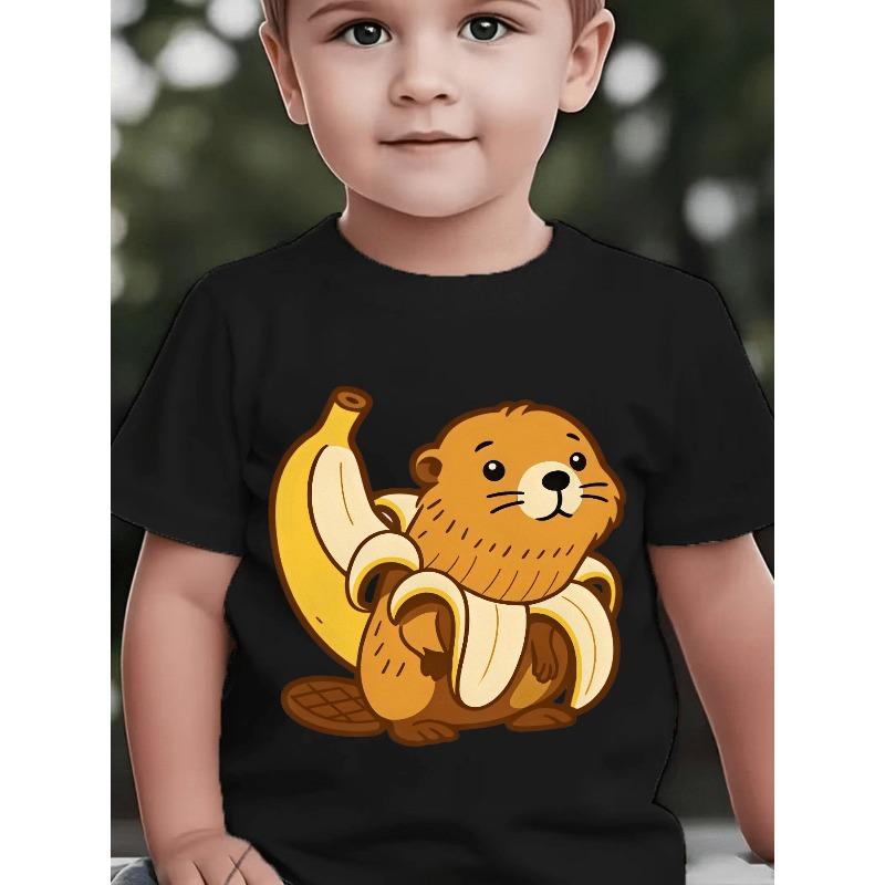 European Sizes Baby Boy Short Sleeve Spring Summer Autumn Cartoon Beaver Banana Pattern Cute Design Children'S Playful Print Casual T-Shirt