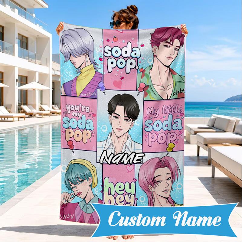 Custom Name KPop Cartoon Beach Towel Microfiber Beach Towel, Lightweight and Quick-Dry, for Summer Travel, Swimming Pool Gift