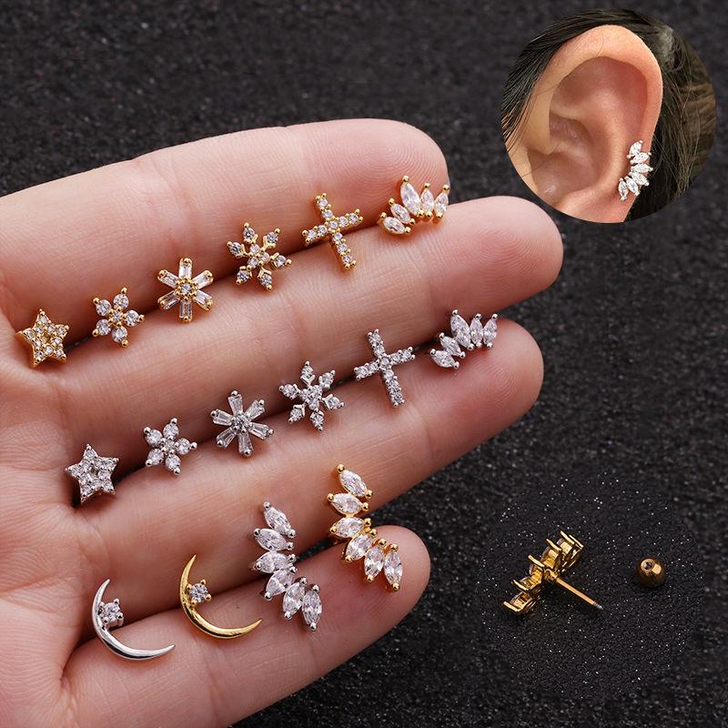 

Stud Earrings - Zircon Cubic Stainless Steel Screw Cartilage Jewelry Silver 7#