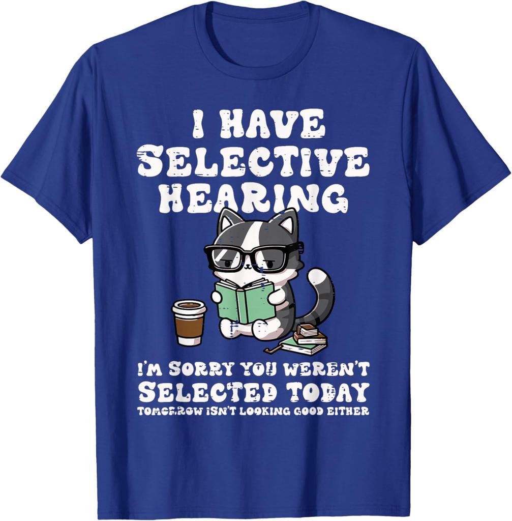 Funny Selective Hearing Cat Reading Graphic Tee Casual Cotton Short Sleeve TShirt for Men