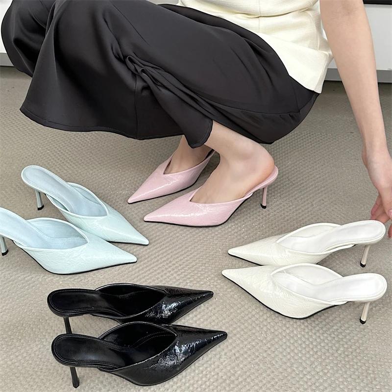 Sexy Elegant Shallow Pointed Toe Mule Women Slippers Pumps Fashion Thin High Heels Stripper Dress Ladies Shoes