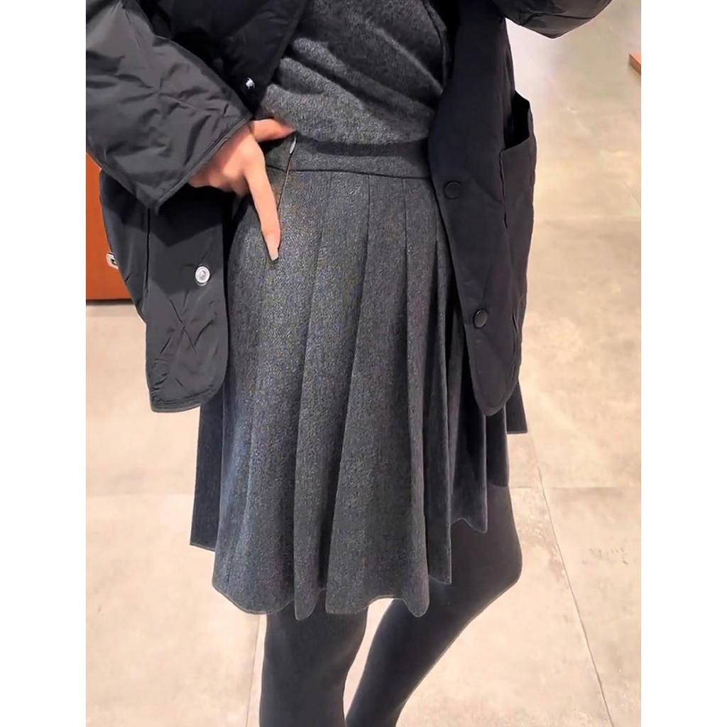 Plus Size Grey Wool-Blend A-Line Pleated Skirt – High Waist, Slimming, Short for Petite Chubby Women, Spring/Autumn