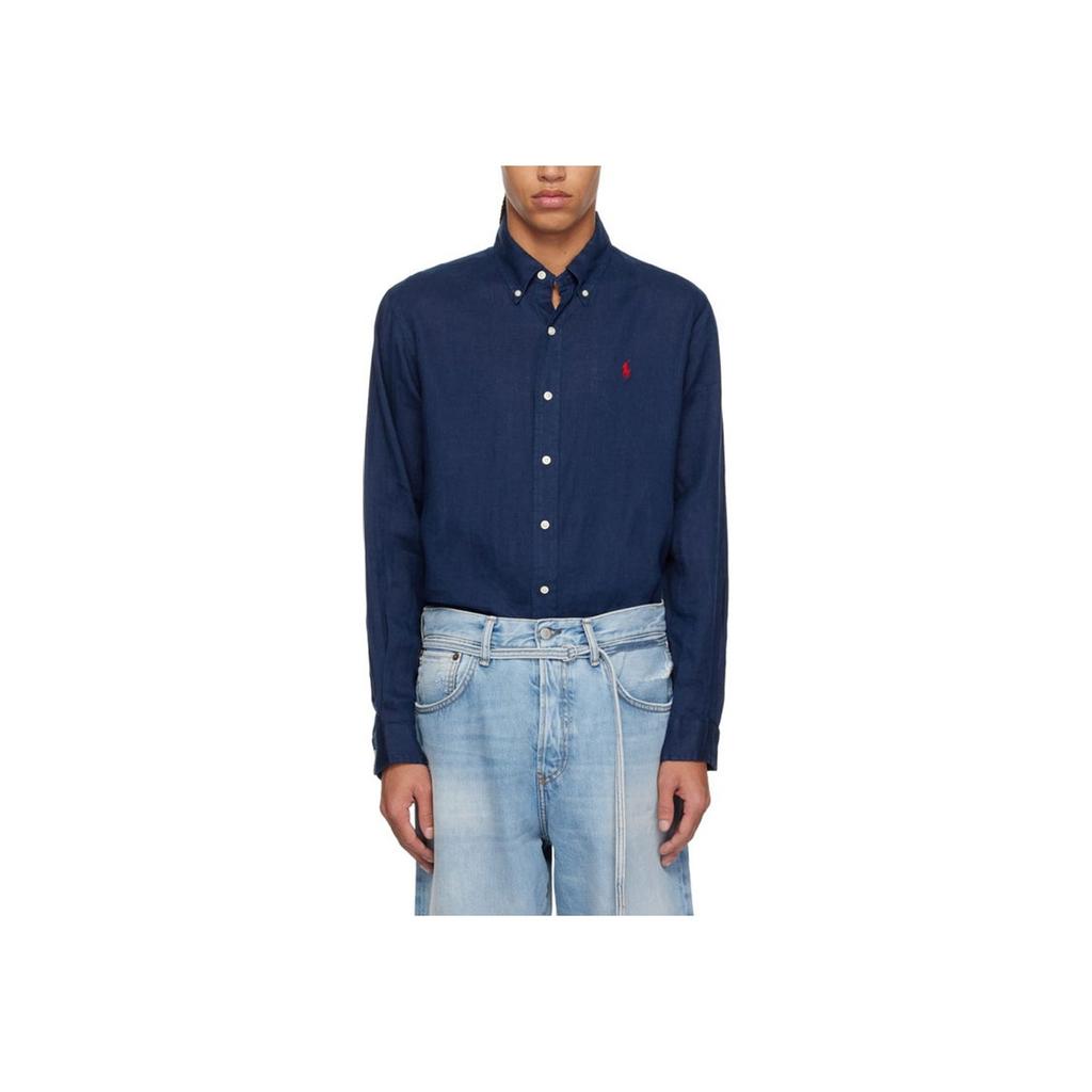 Polo Ralph Lauren Logo Polo Button Long Sleeve Shirt Men Shirts Navy-Blue 710966292006