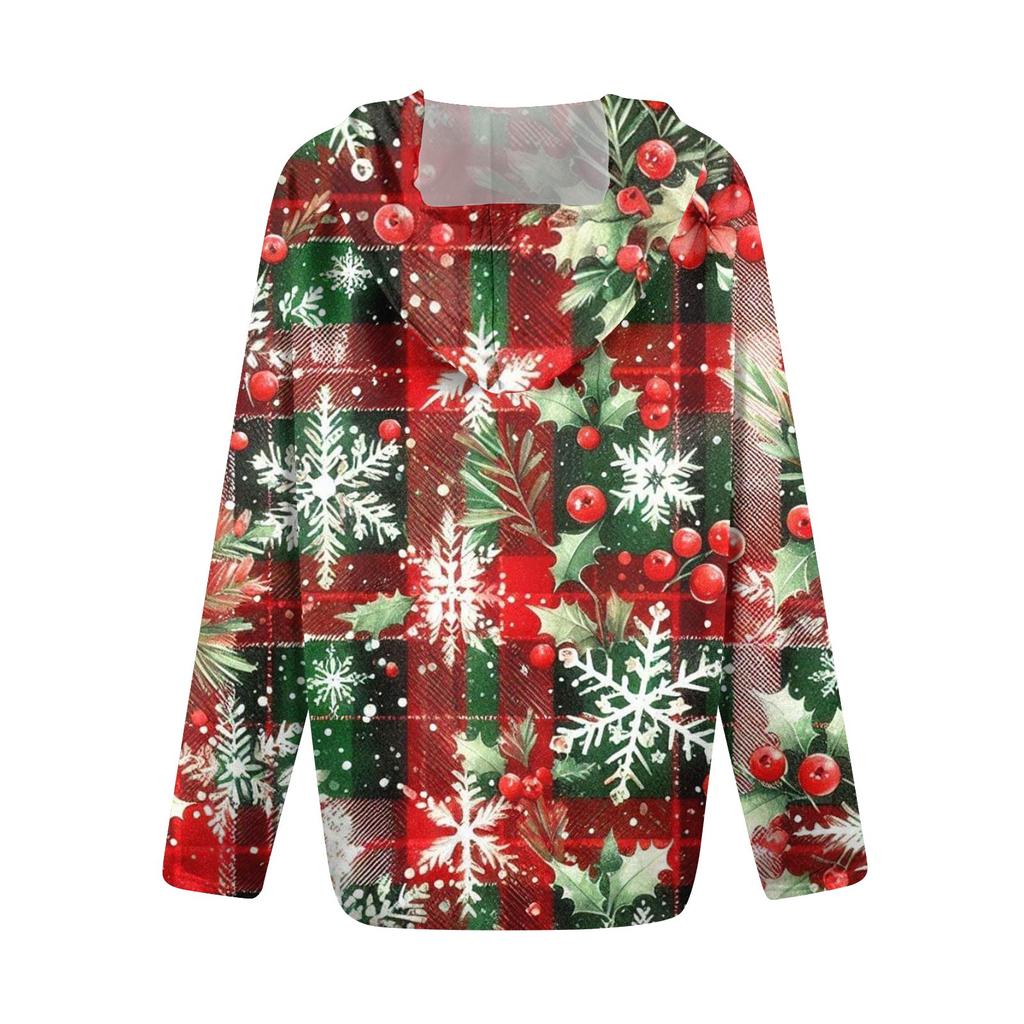 Women's Fashion Christmas Print Casual Zip-Up Long-Sleeved Hooded Jacket