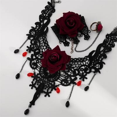2pcs Gothic Lace Choker Necklace Finger Rings Bracelet Halloween Costume Accessories Jewelry for Women Girls Gift