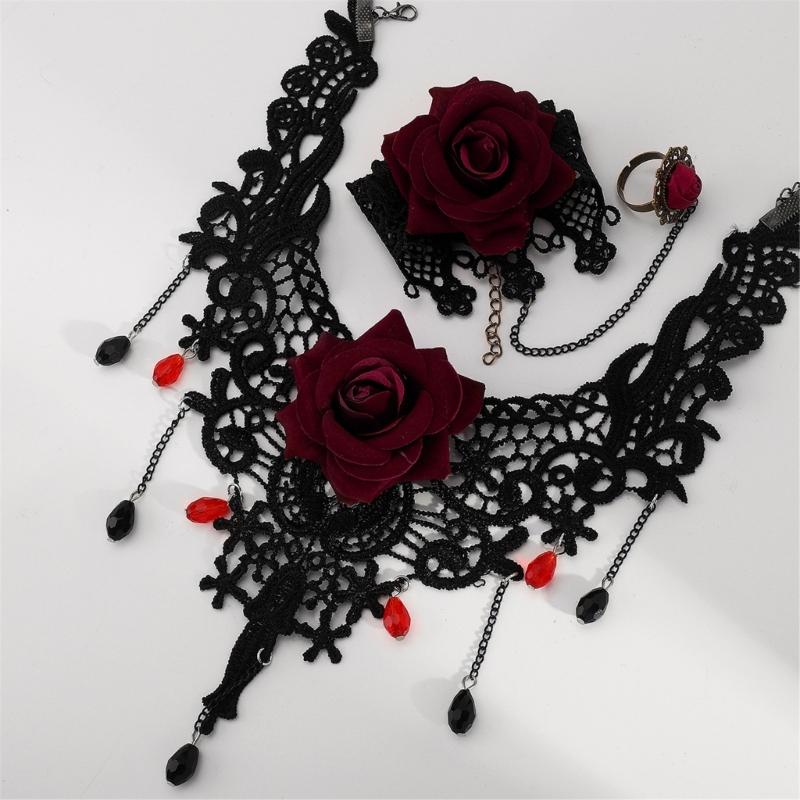 2pcs Gothic Lace Choker Necklace Finger Rings Bracelet Halloween Costume Accessories Jewelry for Women Girls Gift