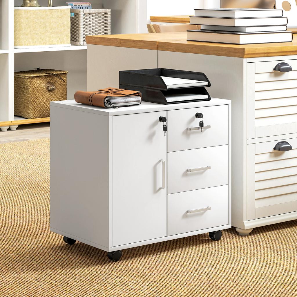 Office Pedestal Lockable Storage Unit with 3 Drawers and Adjustable Shelf, Wheels, 40 X 60 X 56 Cm, White