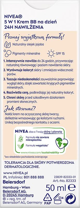 935380 Nivea Bb 5In1 Day Cream Spf 15 24H Hydration, Light Shade 50