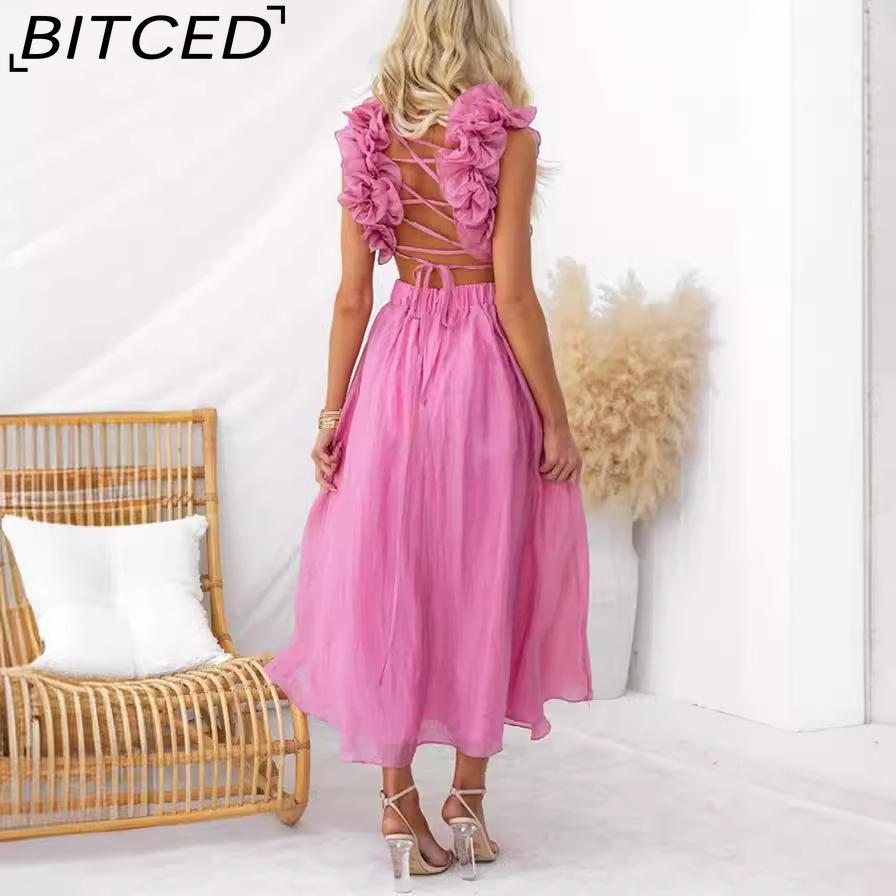 BITCED Women's Summer Sexy Sleeveless Solid-Color Tie-Waist Pleated Skirt Dress