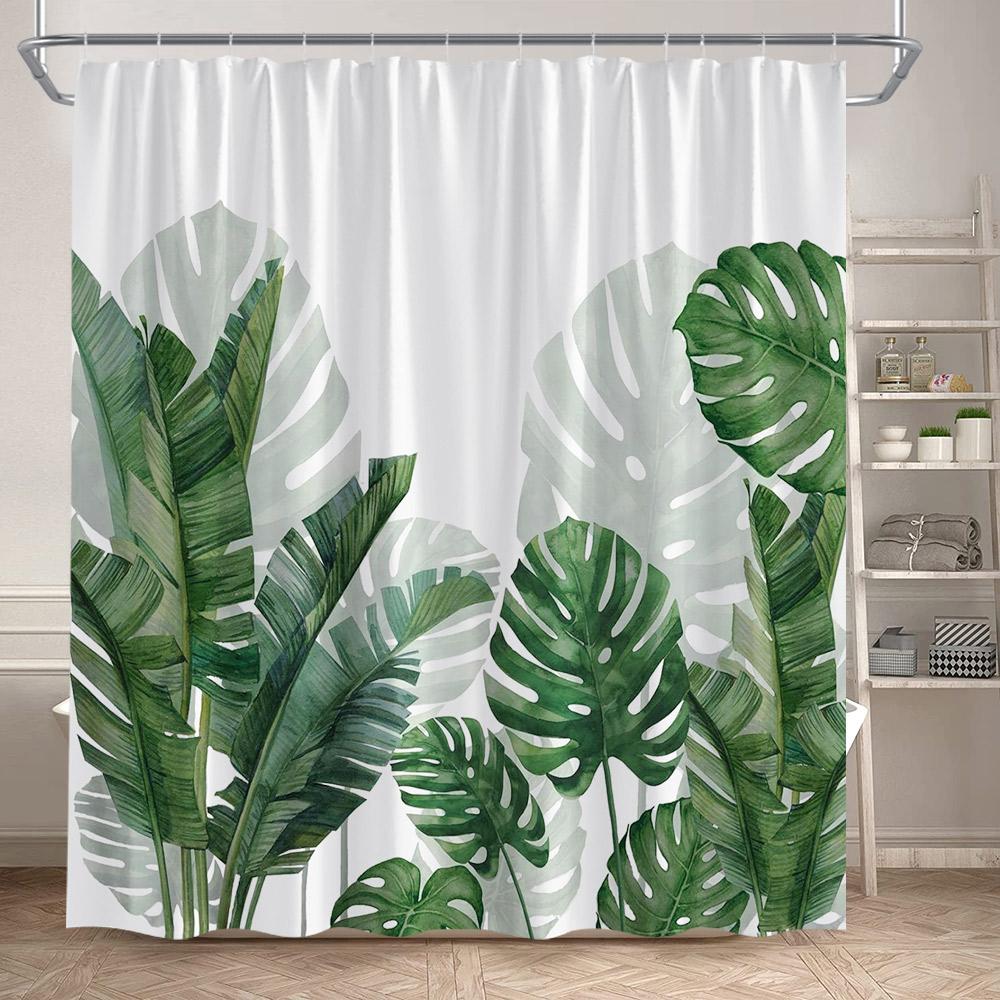 Tropische Blätter Duschvorhang Grün Palmenblatt Monstera Pflanze Badvorhänge Set Polyestergewebe Heim Badezimmerdekor Mit Haken