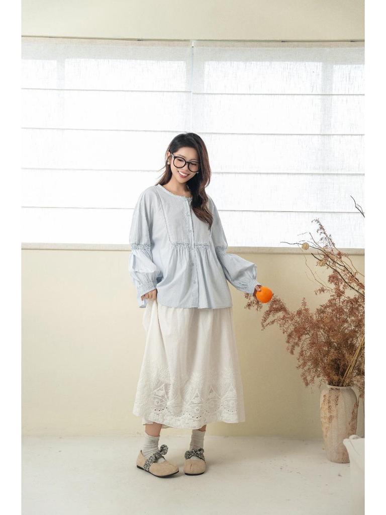2026 Spring Women's Sweet Puff Sleeve Cardigan, Round Neck, Loose Slimming Cotton Long Sleeve Top