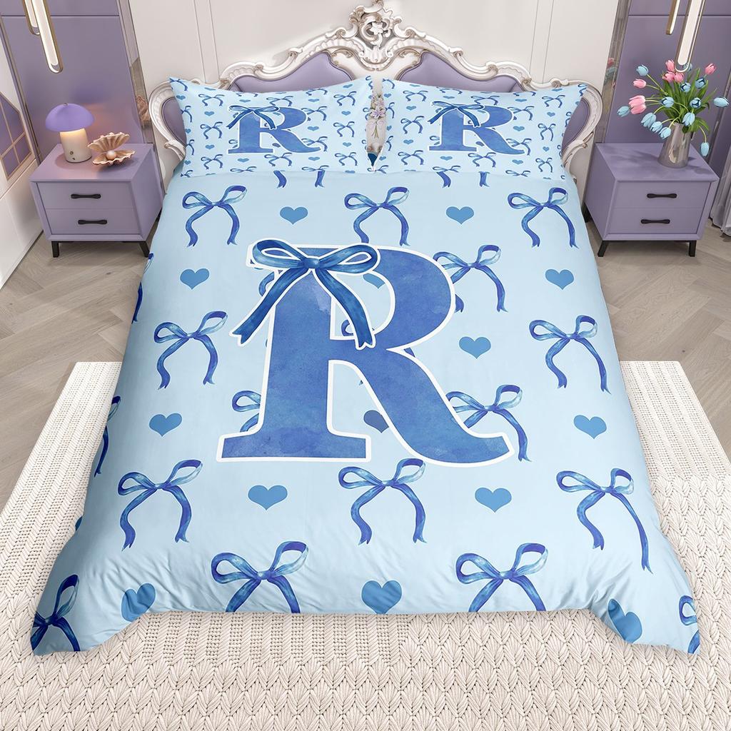 Homewish Girls Blue Bowknot Duvet Cover Set, Princess Style Bed Set, Monogrammed Bow Quilt Cover Set