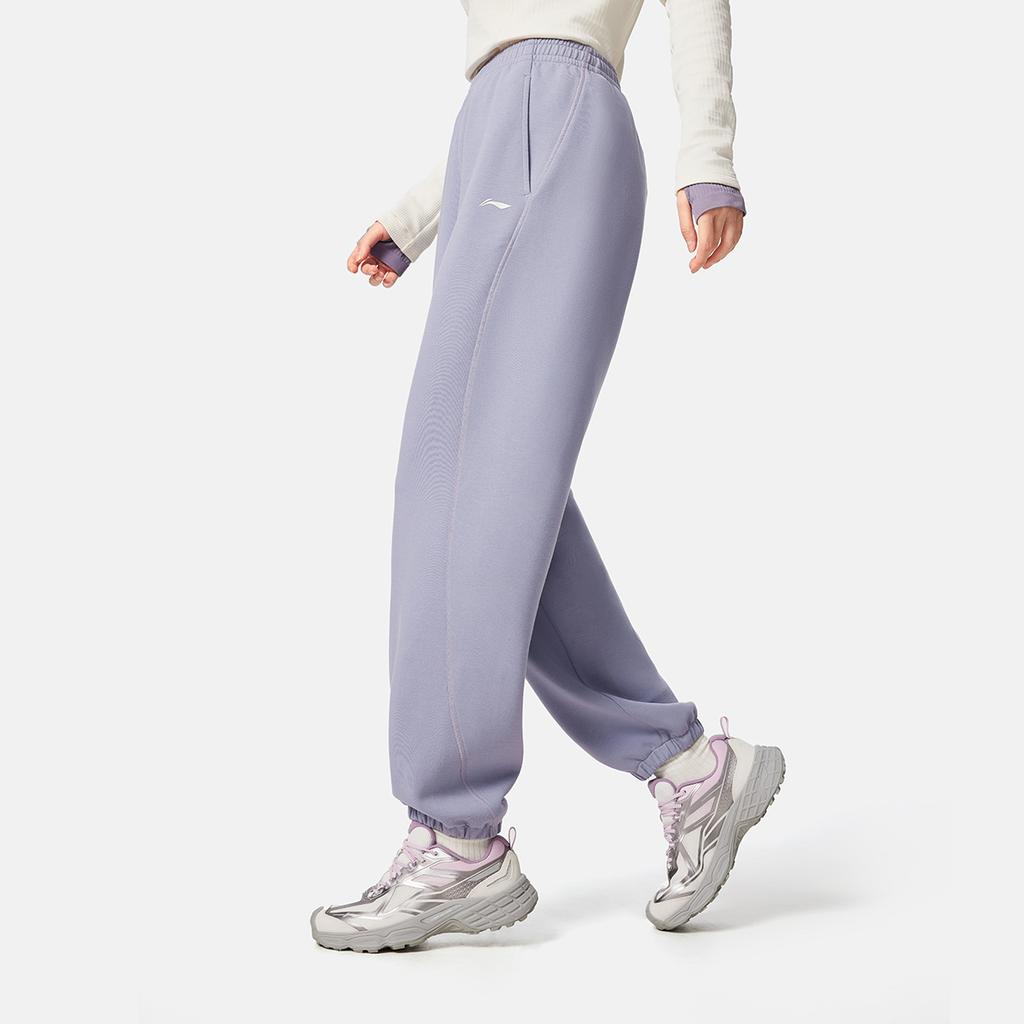 Li-Ning Solid Color Elastic Waist Mid Rise Versatile Cuffed Casual Pants Women bottoms AKLV964-5