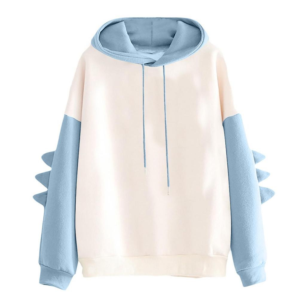 Women's Solid Color Contrasting Dinosaur Loose Casual Hoodie