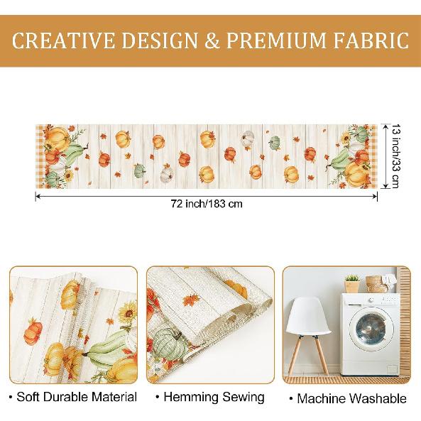 Bonhause Fall Pumpkins Maple Leaves Table Runner 13x72 Inch Orange Buffalo Plaid Autumn Thanksgiving Kitchen Dinning Table Decoration for Indoor