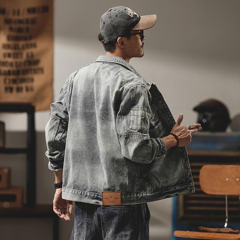 Retro Washed Denim Jacket for Men, Slim Fit Workwear, Casual Top