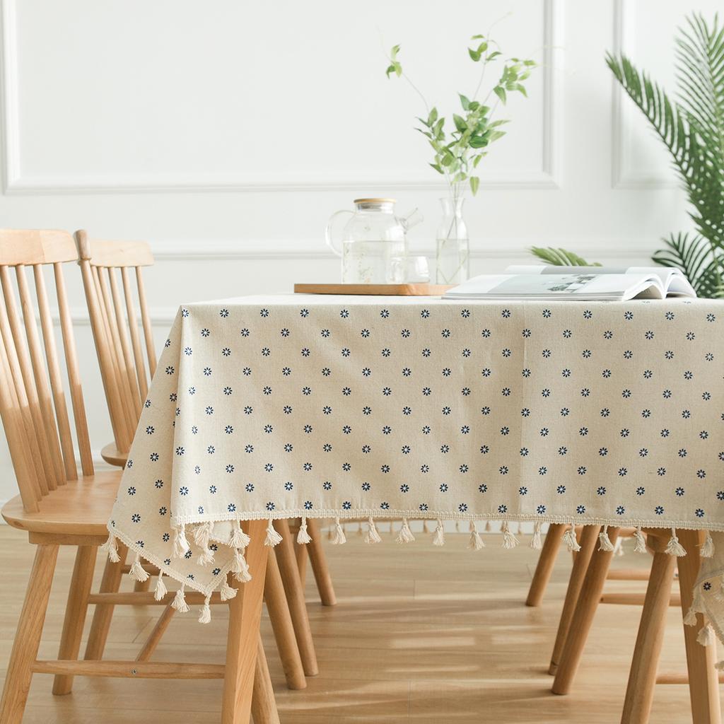 Blue Daisy Printed Rural Cotton Linen Tablecloth With Fringed Lace Home Coffee Pendant Tea Table Pad Meal Cloth