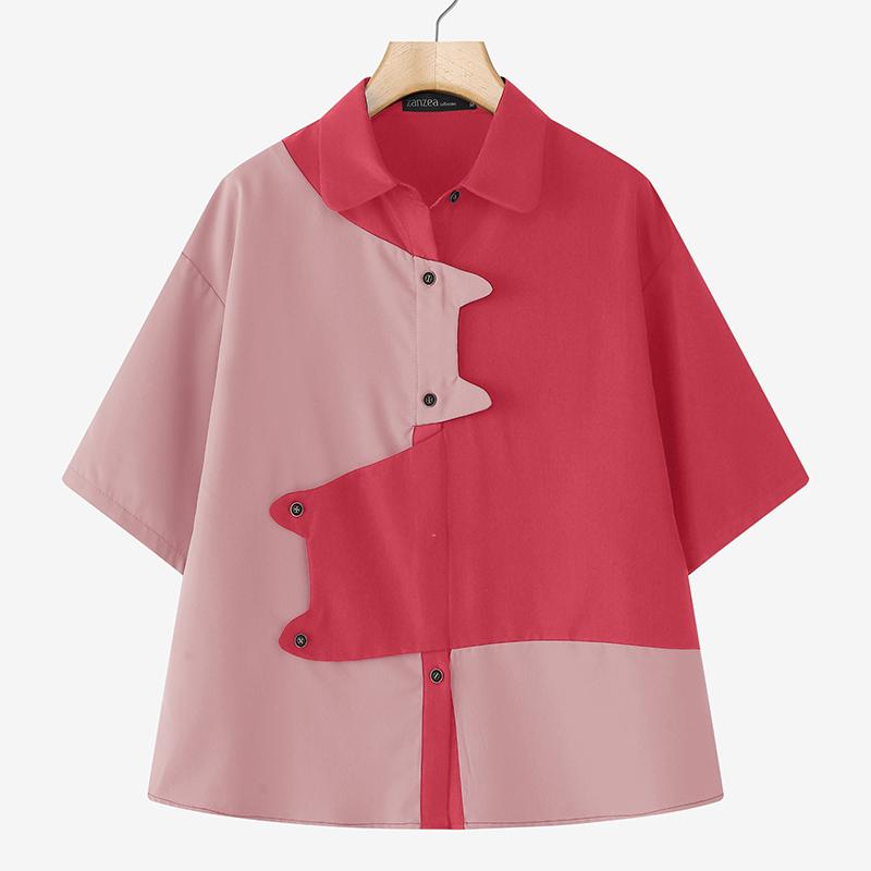 ZANZEA Women Casual Turn Down Collar Loose Short Sleeve Blouse