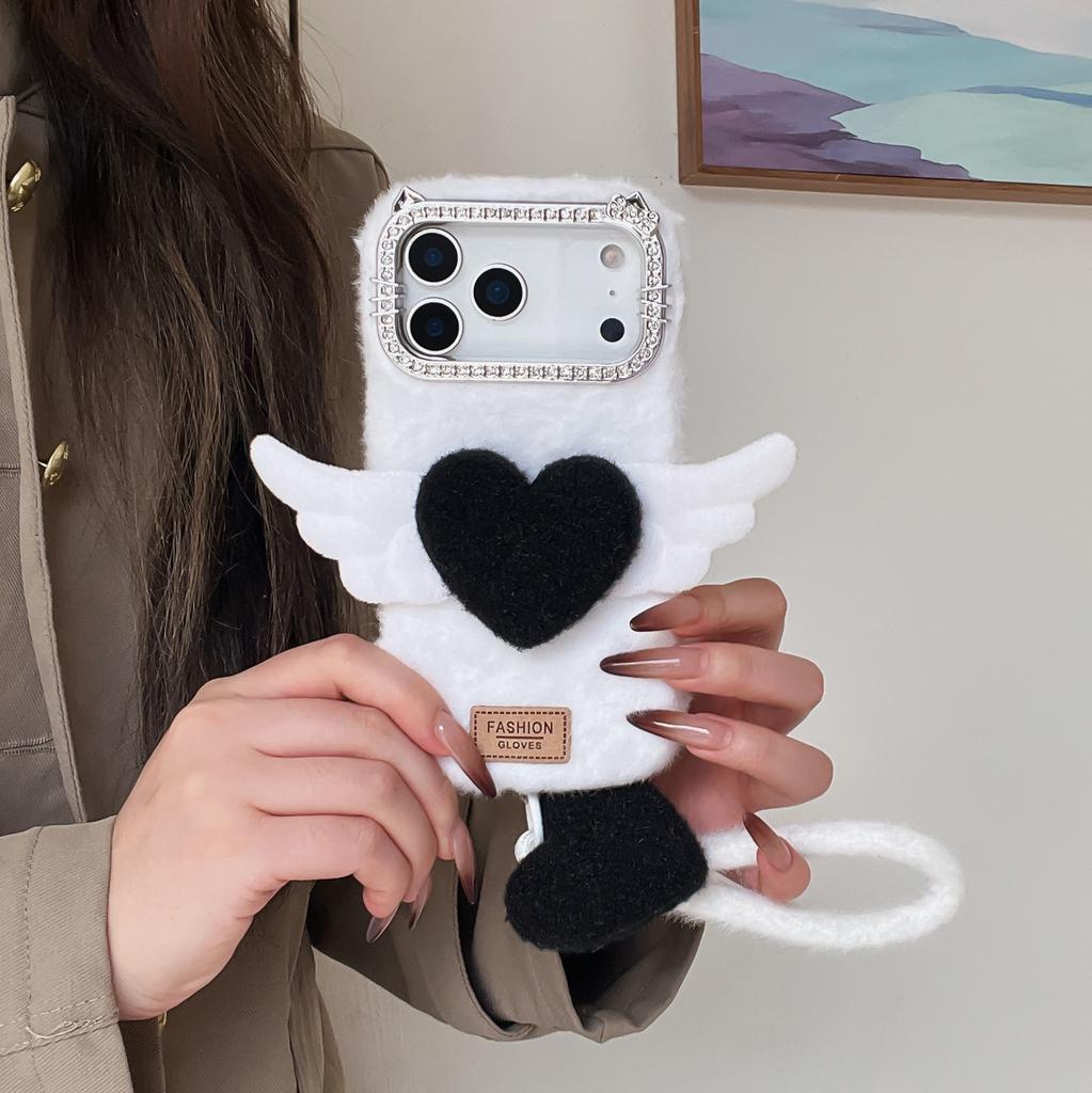 For iPhone 17 Pro Max Case Rhinestone Frame 3D Angel Heart Plush TPU PC Phone Cover with Heart Strap