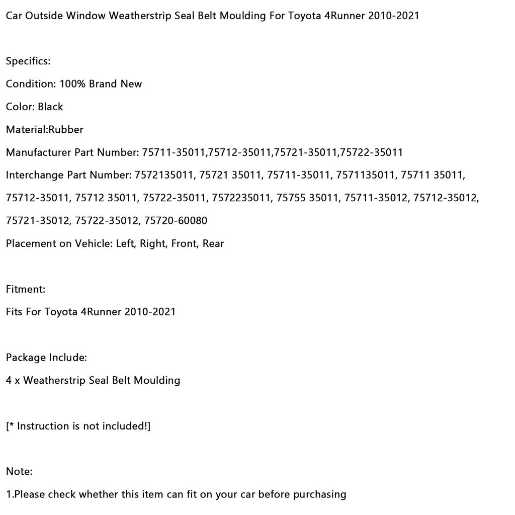 Car Outside Window Weatherstrip Seal Belt Moulding For Toyota 4Runner 2010-2021