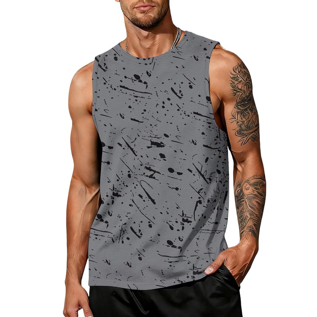 Men's Casual Trend Ink Wash Print T-shirt For Men - Men's Sporty Breathable Sleeveless Top