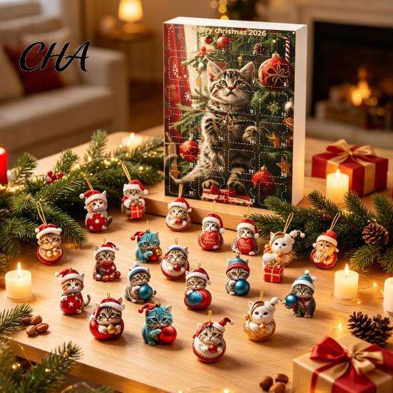 Backpack Charm Accessory Cat Advent Calendar, 24 Days Christmas Countdown Cute 2D Kitten Holiday 2026 Gift Box Ornaments for Party Tree Decor,