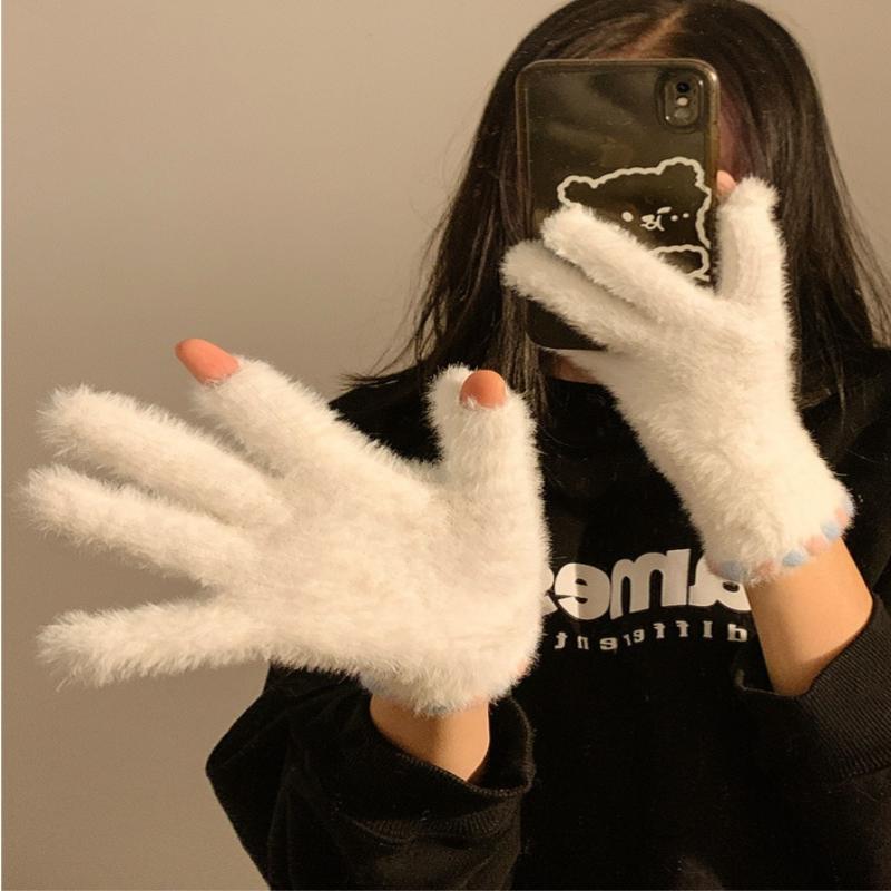 Cute Open Finger Touch Screen Plush Five Finger Gloves For Women In Winter, Warm And Thick Velvet For Cycling Students