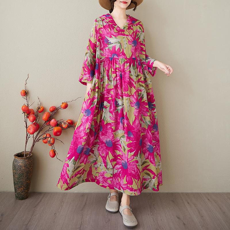 

Dimanaf 2025 Лето Женщин Плюс Размер Базовое Платье Цветочный Принт Винтаж Повседневный Свободный Капюшон Длинное Платье Макси One Size розы красного