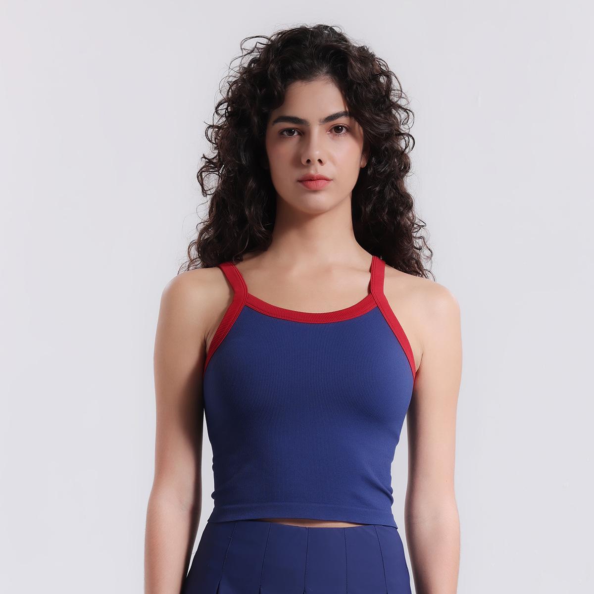 

Женский спортивный топ с высоким уровнем эластичности и цветными блоками для йоги и бюстгальтер - Осенне-зимний фитнес-топ с защитой от провисания S Up to 95 lbs темно-синий